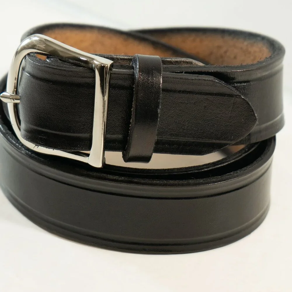 Vintage Black Leather Cowboy Belt Western Silver Tone Brass Buckle Heritage Belt